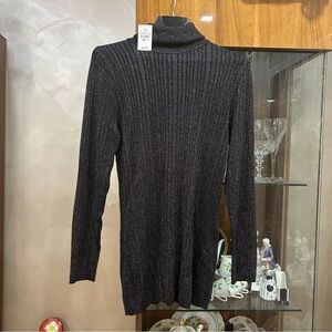 Brown Metallic Ribbed Turtleneck Sweater